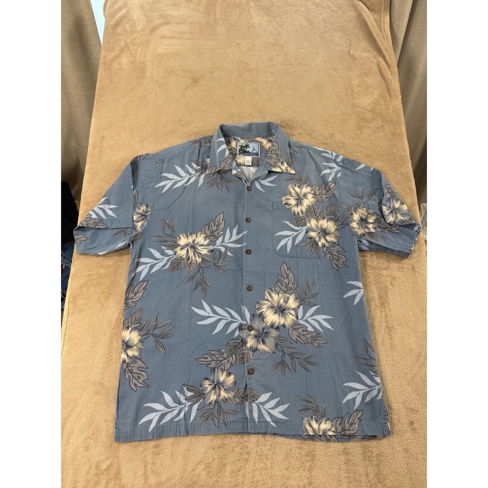 Aftco Bluewater Hawaiian Shirt mens Size‎ XL Blue Floral Leaves Cotton Rayon EUC